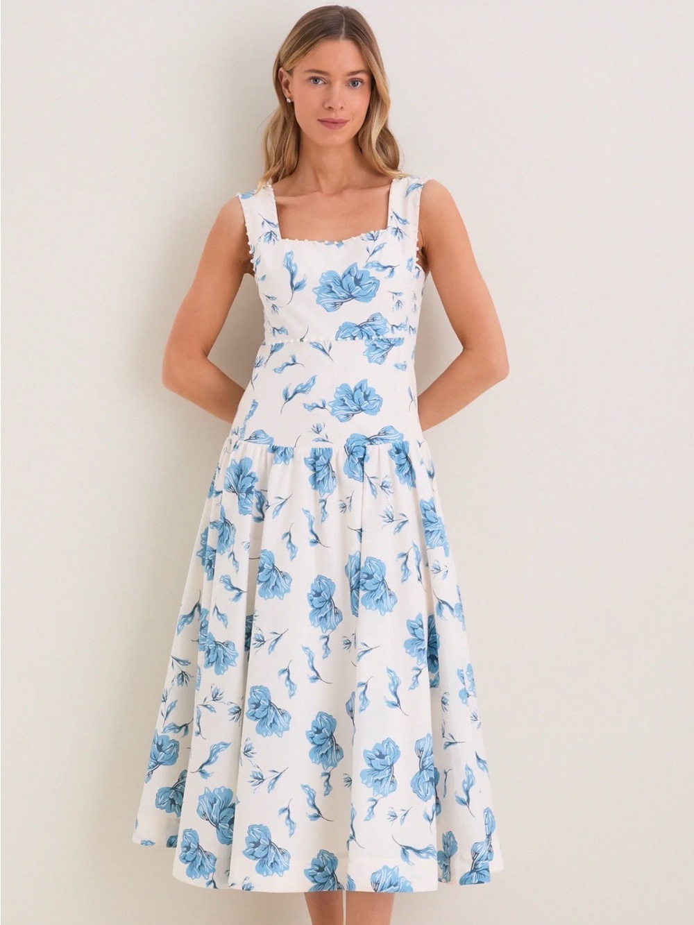 English Factory White Midi Dress with Blue Floral Print